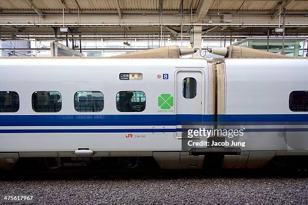 Exterior of a green car of an N700 series Shinkansen bullet train.