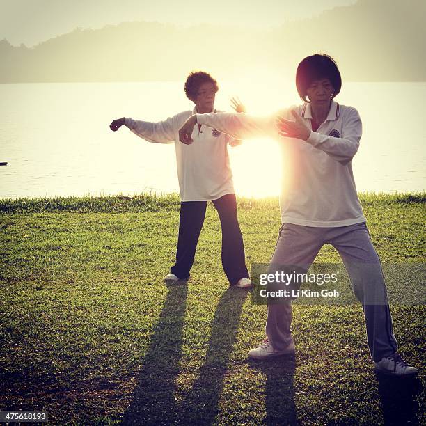 Asian women doing Tai Chi by the water at Mengkuang Dam, Bukit Mertajam, Malaysia