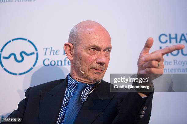 Pascal Lamy, former director general of the World Trade Organization , gestures as he speaks during the 'London Conference' at Lancaster House in...