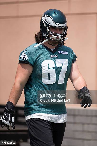 Dennis Kelly of the Philadelphia Eagles participates in OTA's on May 28, 2015 at the NovaCare Complex in Philadelphia, Pennsylvania.
