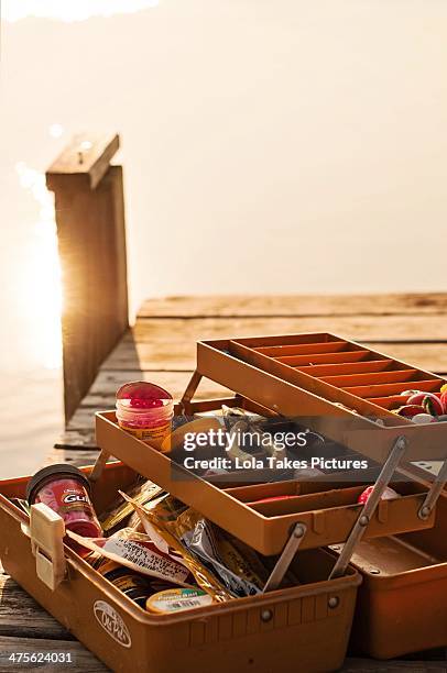 gone fishing... - fishing tackle box stock pictures, royalty-free photos & images