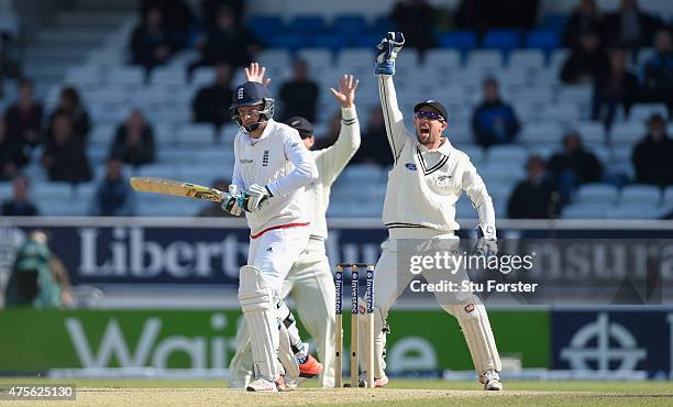 New Zealand wicketkeeper Luke Ronchi appeals with success for the last wicket of Jos Buttler during day five of the 2nd Investec test match between...