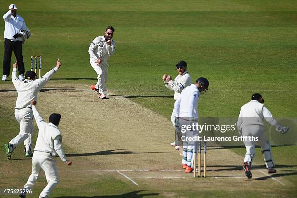 Mark Craig of New Zealand takes the wicket of Jos Butler of England to win the match during day five of the 2nd Investec Test Match between England...