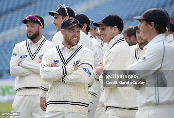 Brendon McCullum of New Zealand shares a joke with his team after winning 2nd Investec Test match between England and New Zealand at Headingley on...