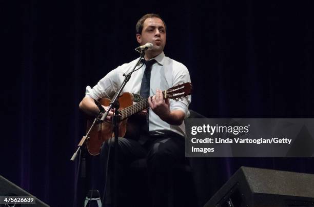 Portuguese Fado musician Antonio Zambujo plays guitar during a World Music Institute concert at New York University's Skirball Center, New York, New...