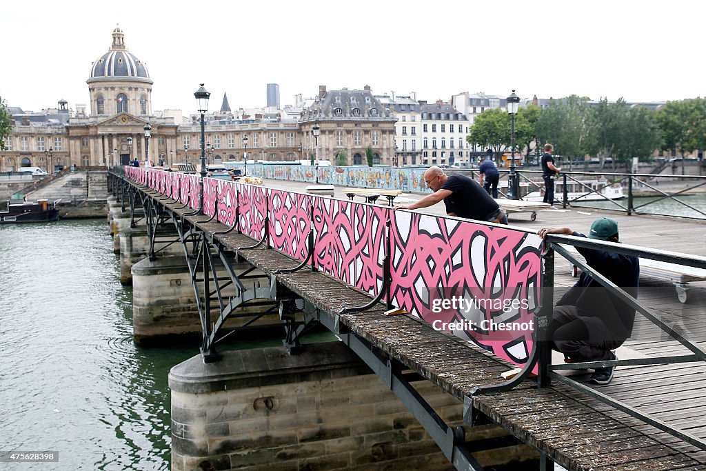 Paris City Hall Uses Wooden Panels To Replace The 'Love Padlocks' On Pont Des Arts Bridge In Paris