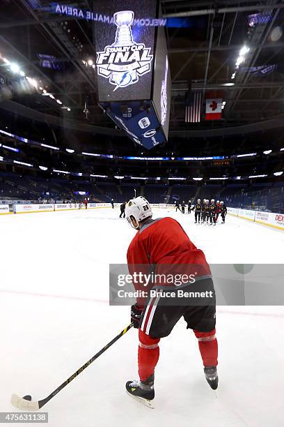 Kyle Cumiskey of the Chicago Blackhawks looks on during a practice for the 2015 NHL Stanley Cup Final at Amalie Arena on June 2, 2015 in Tampa,...