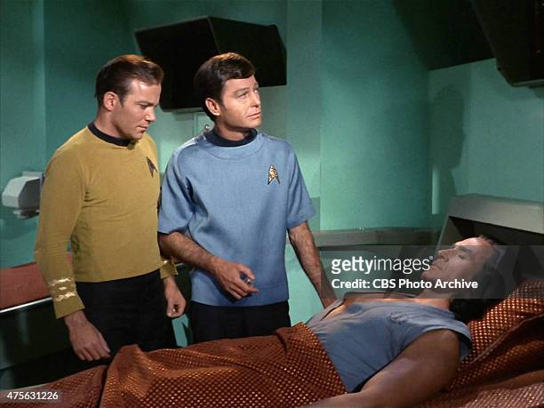 William Shatner as Captain James T. Kirk, DeForest Kelley as Dr. Bones McCoy and Ricardo Montalban as Khan Noonien Singh on the Star Trek: The...