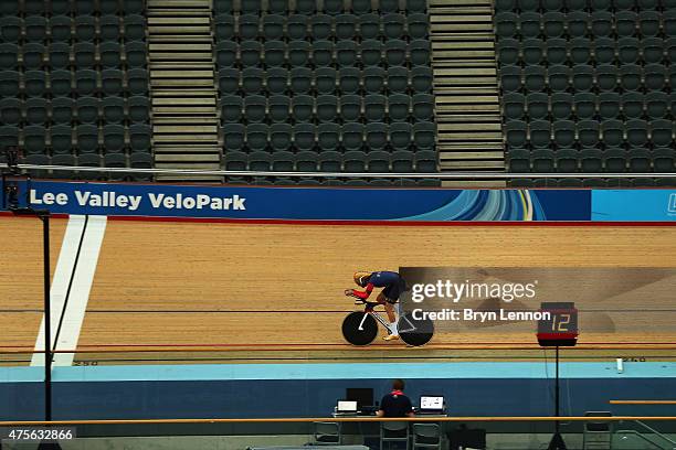 Sir Bradley Wiggins of Great Britain trains at the Lee Valley Velopark ahead of his UCI Hour Record Attempt on June 2, 2015 in London, England.