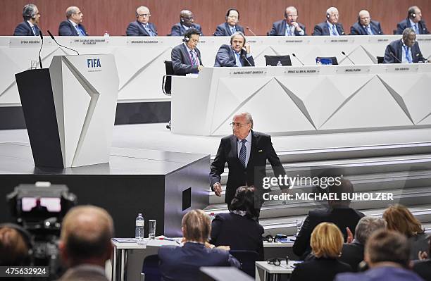 Photo taken on May 29, 2015 shows FIFA President Sepp Blatter leaving the stage during the 65th FIFA Congress in Zurich. Blatter on June 2, 2015...