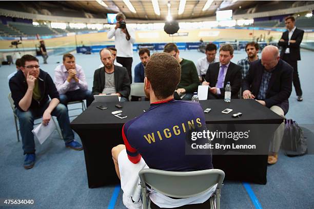 Sir Bradley Wiggins of Great Britain and Team Wiggins chats to the media after training at the Lee Valley Velopark ahead of his UCI Hour Record...