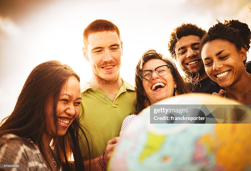 Teenagers college student smiling with globe