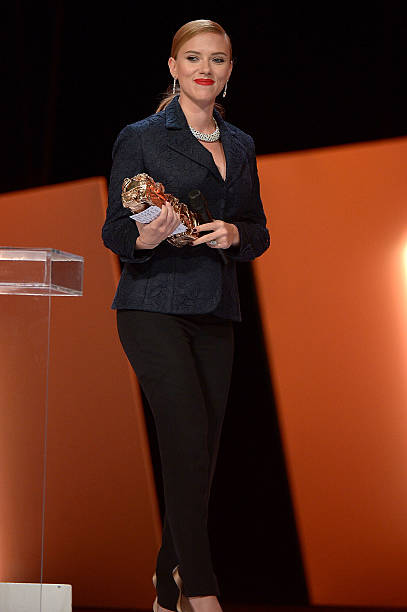 Actress Scarlett Johansson receives the Honorary Cesar on stage during the 39th Cesar Film Awards 2014 at Theatre du Chatelet on February 28, 2014 in...