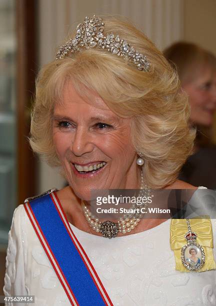 Camilla, Duchess Of Cornwall attends the Royal Academy Annual Dinner to celebrate the Summer Exhibition, opening to the public on 8 June, at Royal...