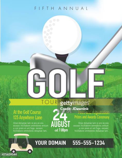 ilustraciones, imágenes clip art, dibujos animados e iconos de stock de torneo de golf club con plantilla de invitación de juego de golf en el green - golf flag
