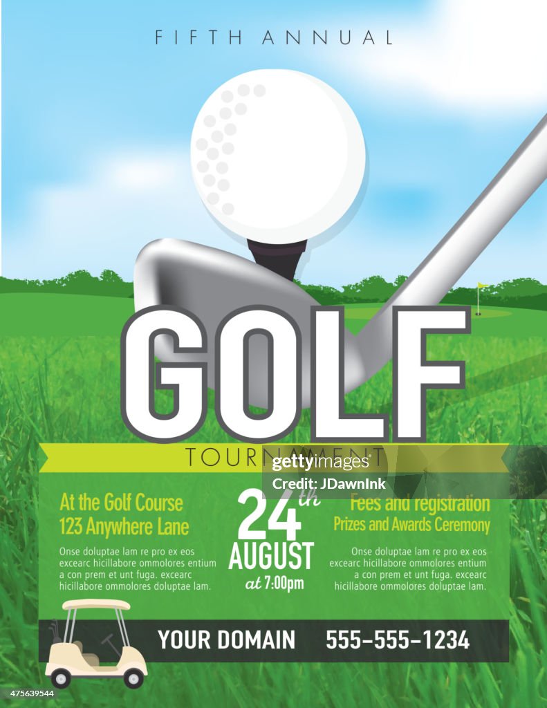 Golf tournament with golf tee club invitation template on green