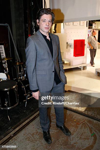 Singer Benjamin Biolay presents his album tribute to Charles Trenet during the 'Vivement Dimanche' French TV Show at Pavillon Gabriel on June 2, 2015...