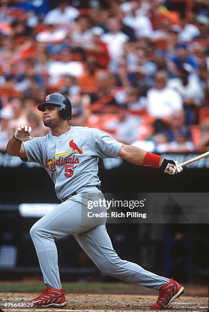 Albert Pujols of the St. Louis Cardinals bats during a Game at Shea Stadium on Saturday, August 11, 2001 in New York, New York.