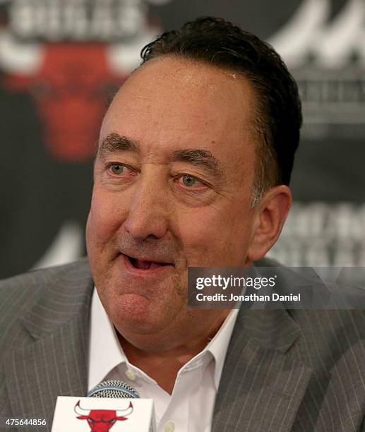 General manager Gar Forman of the Chicago Bulls speaks at a press conference at the Advocate Center on June 2, 2015 in Chicago, Illinois. NOTE TO...