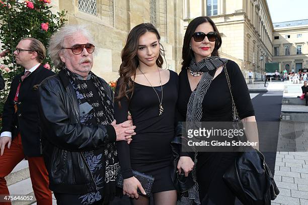 Bernhard Paul with his wife Eliana Larible and daughter Lily during the Gerd Kaefer funeral service at Allerheiligen-Hofkirche in Munich on June 2,...