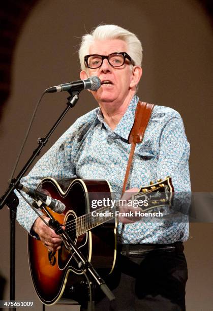 British singer Nick Lowe performs live during a concert at the Passionskirche on February 28, 2014 in Berlin, Germany.