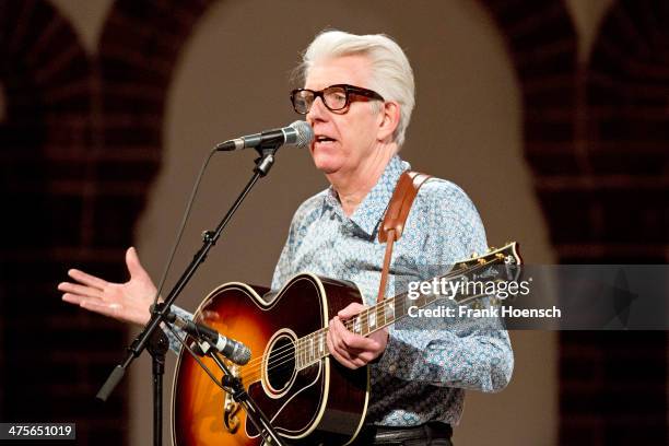 British singer Nick Lowe performs live during a concert at the Passionskirche on February 28, 2014 in Berlin, Germany.