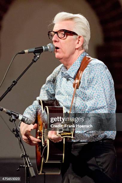 British singer Nick Lowe performs live during a concert at the Passionskirche on February 28, 2014 in Berlin, Germany.