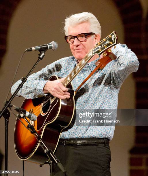 British singer Nick Lowe performs live during a concert at the Passionskirche on February 28, 2014 in Berlin, Germany.