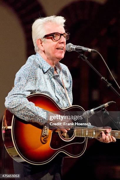 British singer Nick Lowe performs live during a concert at the Passionskirche on February 28, 2014 in Berlin, Germany.