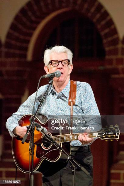 British singer Nick Lowe performs live during a concert at the Passionskirche on February 28, 2014 in Berlin, Germany.