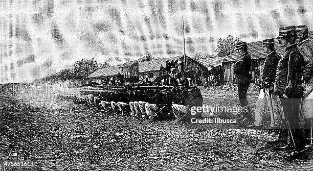 antique illustration of shooting, death by firing squad - firing squad stock illustrations