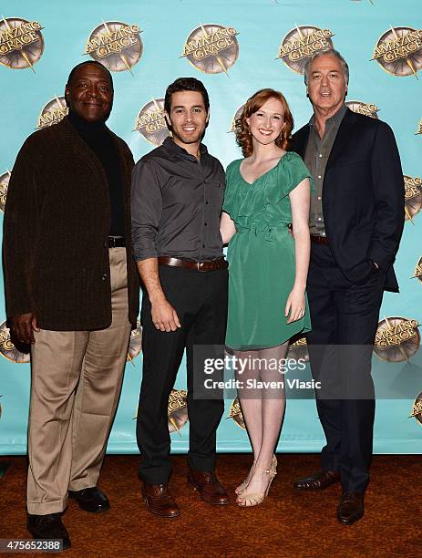 Actors Chuck Cooper, Josh Young, Erin Mackey and Tom Hewitt attend Broadway's "Amazing Grace" Press Preview at 54 Below on June 2, 2015 in New York...