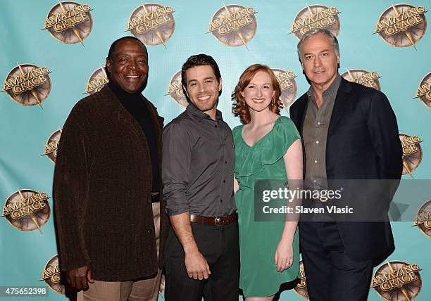 Actors Chuck Cooper, Josh Young, Erin Mackey and Tom Hewitt attend Broadway's "Amazing Grace" Press Preview at 54 Below on June 2, 2015 in New York...