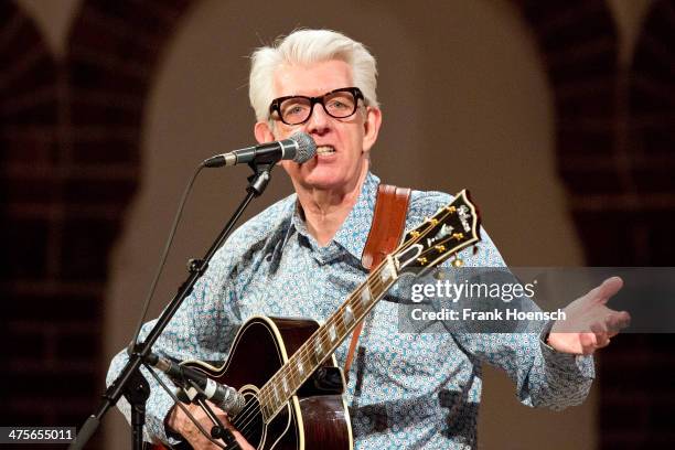 British singer Nick Lowe performs live during a concert at the Passionskirche on February 28, 2014 in Berlin, Germany.