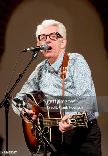 British singer Nick Lowe performs live during a concert at the Passionskirche on February 28, 2014 in Berlin, Germany.