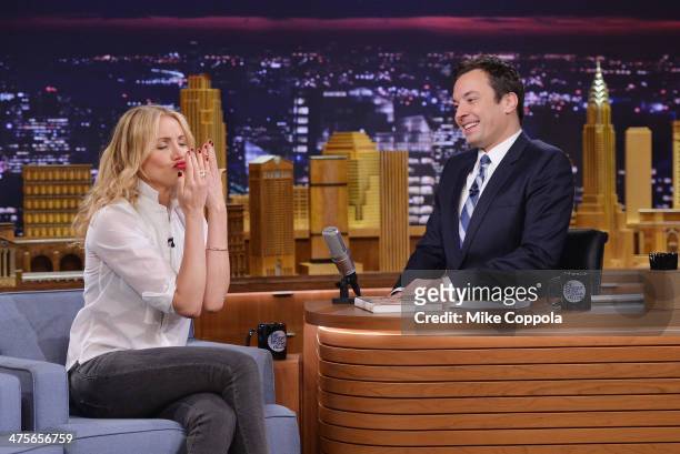 Actress Cameron Diaz is interviewed by host Jimmy Fallon during her visit to "The Tonight Show Starring Jimmy Fallon" at Rockefeller Center on...