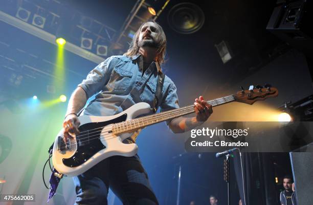 Jon Lawhon of Black Stone Cherry performs on at KOKO on February 28, 2014 in London, United Kingdom.