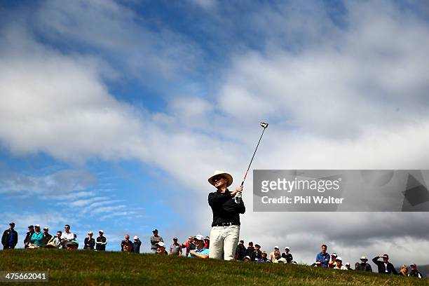 Phil Keoghan tees off during round three of the New Zealand Open at The Hills Golf Club on March 1, 2014 in Queenstown, New Zealand.