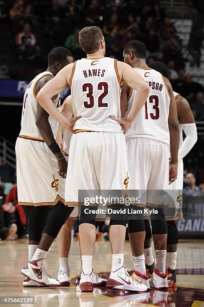 The Cleveland Cavaliers huddle up during the game against the Toronto Raptors at The Quicken Loans Arena on February 25, 2014 in Cleveland, Ohio....