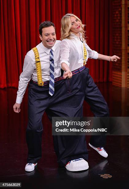 Host Jimmy Fallon dances with actress Cameron Diaz during her visit to "The Tonight Show Starring Jimmy Fallon" at Rockefeller Center on February 28,...