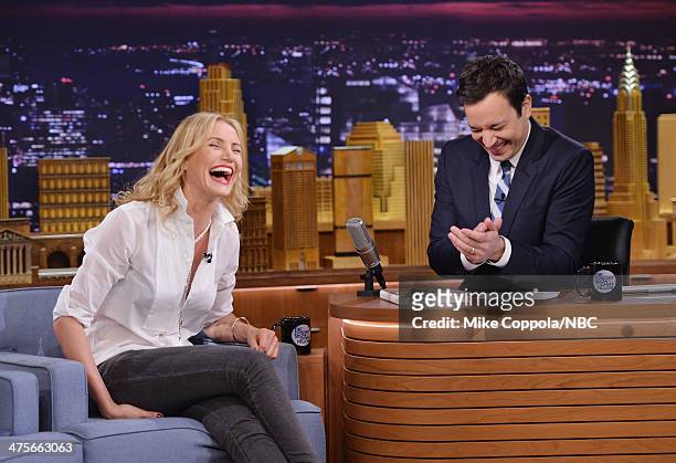 Actress Cameron Diaz is interviewed by host Jimmy Fallon during her visit to "The Tonight Show Starring Jimmy Fallon" at Rockefeller Center on...