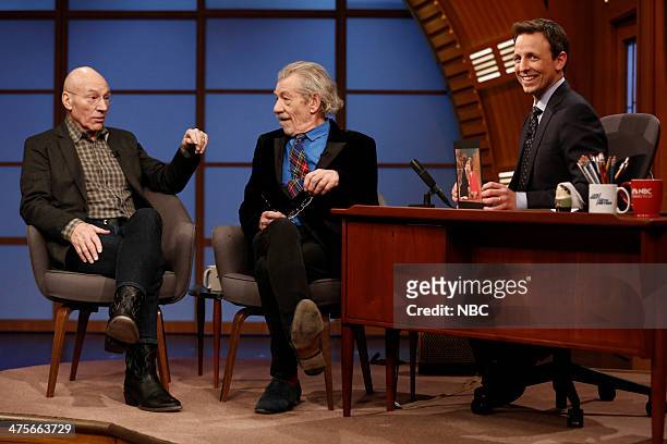 Episode 0005 -- Pictured: Sir Patrick Stewart and Sir Ian McKellen during an interview with host Seth Meyers on February 28, 2014 --
