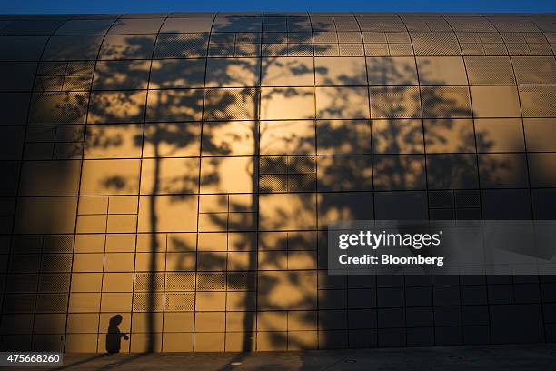 The shadows of a woman and nearby trees are cast on the wall of Dongdaemun Design Plaza in Seoul, South Korea, on Sunday, May 24, 2015. South Korea...