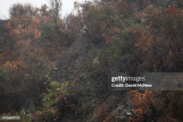 Rain falls over a charred hillside in the Colby Fire burn area as a storm brings rain in the midst of record drought on February 28, 2014 in Azusa,...