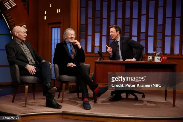 Sir Patrick Stewart and Sir Ian McKellen during an interview with host Seth Meyers during "Late Night with Seth Meyers" on February 28, 2014 in New...