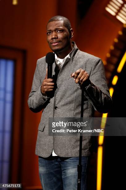Comedian Michael Che performs during "Late Night with Seth Meyers" on February 28, 2014 in New York City.