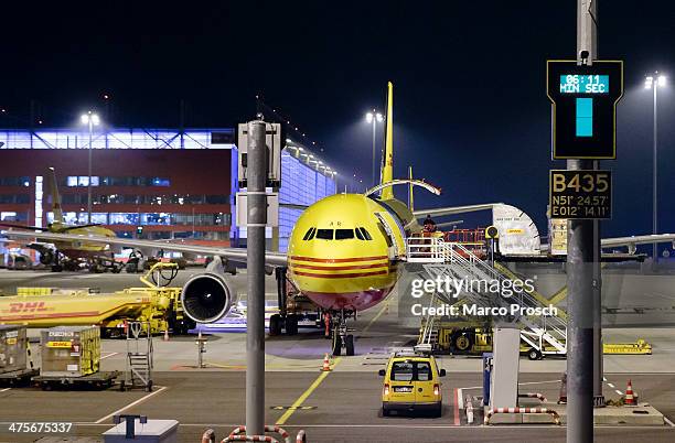 Cargo planes are unloaded at Halle-Leipzig Airport on February 28, 2014 in Leipzig, Germany. The soon to-be-expanded hub handles 2,000 tons of cargo,...
