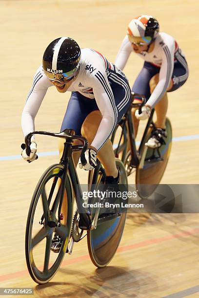 Jessica Varnish of Great Britain leads team mate Rebecca James in a round of the Women's Sprint during day three of the 2014 UCI Track Cycling World...