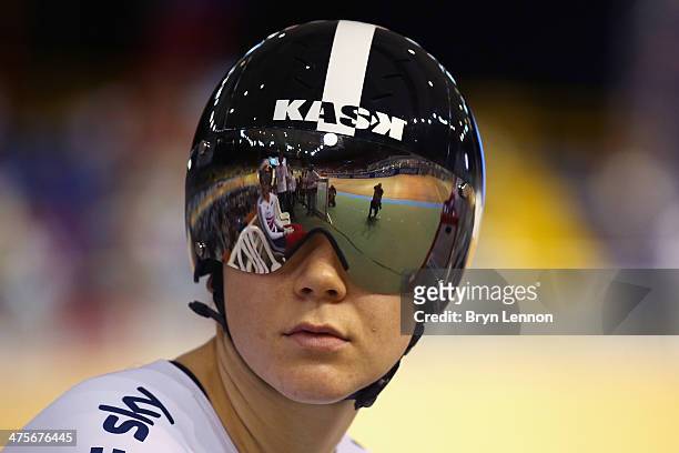 Jessica Varnish of Great Britain prepares to ride in a round of the Women's Sprint during day three of the 2014 UCI Track Cycling World Championships...