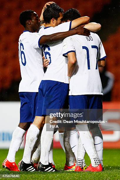 Ivo Rodrigues of Portugal celebrates with team mates after scores the third goal of the game during the FIFA U-20 World Cup New Zealand 2015 Group C...